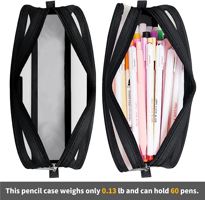 KALIDI Grid Mesh Pencil Case Pouch Large Capacity Pencil Bag with Zipper | Pencil Pouch Black Simple Stationery Bag Aesthetic Pen Bag for School Teen Girl Boy Multi-Purpose Bag for Office Men Women