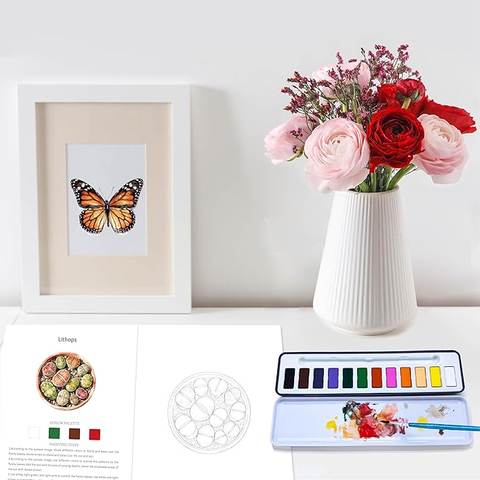 CraftyManor 2Pcs Watercolor Workbook Creative Water Color Paint Book Set with Paints & Brush, 12 Patterns of Original DIY Designs, Beginner-Friendly Adult Coloring Books (Butterfly & Succulent)