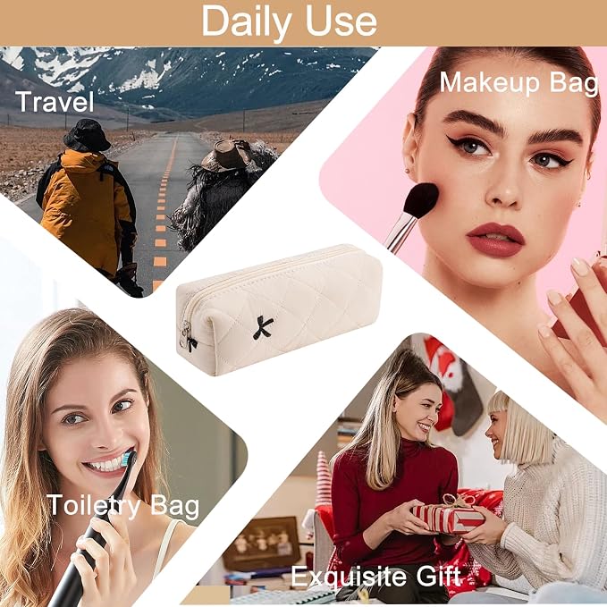 Cute Floral Cotton Makeup Brush Cosmetic Bag for Women, Travel Quilted Zipper Make Up Bag, Flowers Toiletry Organizer Case Kawaii Makeup Cosmetic Travel Cloth Pouch (Beige)