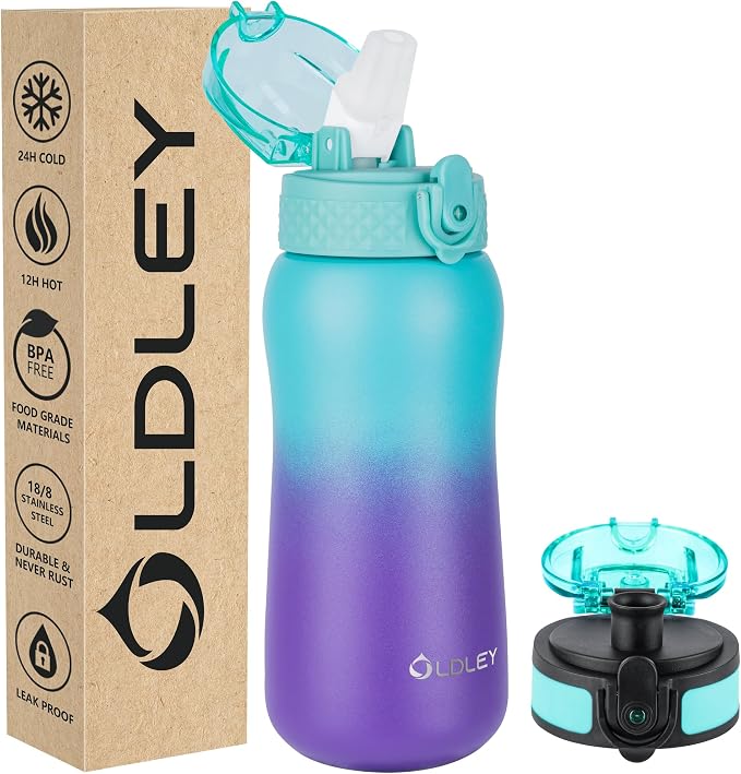 Oldley Insulated Water Bottles 12oz Kids Water Bottle with Straw, Stainless Steel Water Bottle with 2 Lids, Double Wall Vacuum Bottle, Leak-Proof Sports Bottles for School Travel, Green Purple