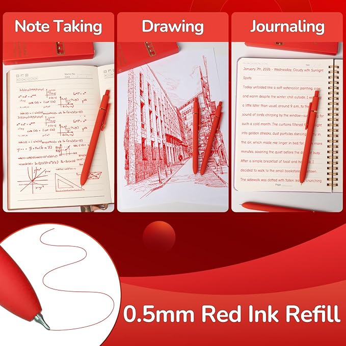 YOXMJDB 6 Pcs Red Ink Pens for Journaling 0.5mm Fine Point Red Gel Ink Pens, Smooth Writing Quick Dry Pen for Note Taking, Gift Set for Women & Men (6 Pcs Red Gold)