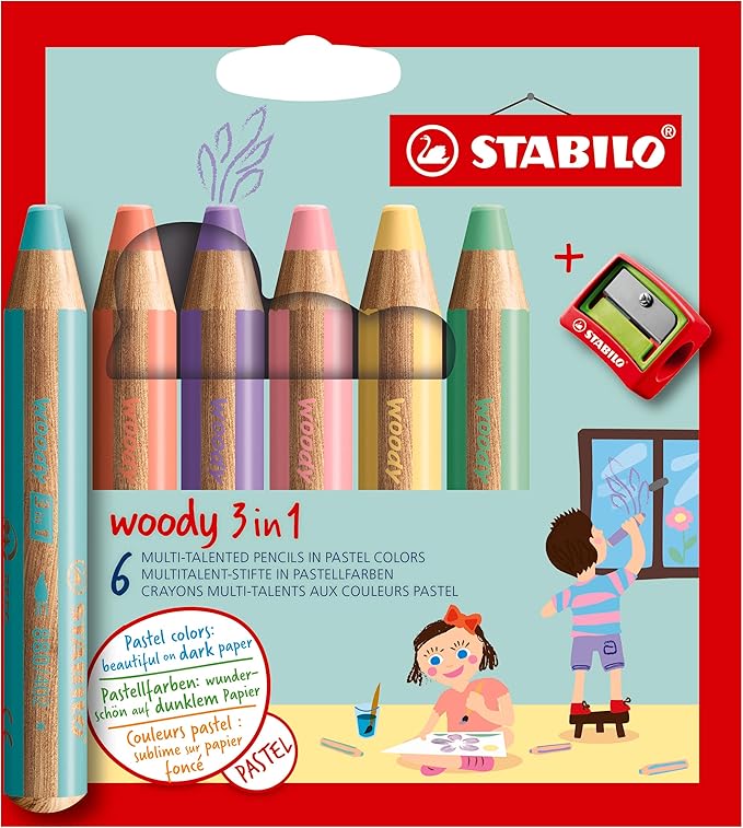 STABILO - woody 3-in-1 - Multi-Talented Pencil - Pack of 6 - Assorted Pastel colors with Sharpener