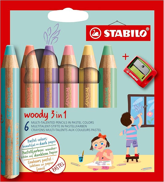 STABILO - woody 3-in-1 - Multi-Talented Pencil - Pack of 6 - Assorted Pastel colors with Sharpener