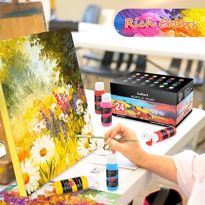 Caliart Acrylic Paint Set with 12 Brushes, 24 Colors Wood Craft Paints for Adults Kids Artists Beginners, Rich Pigments Non-toxic, Halloween Pumpkin Canvas Ceramic Rock Painting Kit Art Supplies