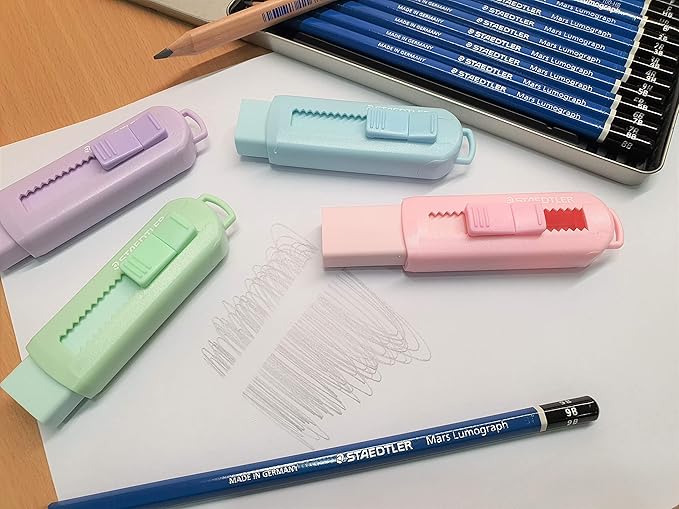 Staedtler Sliding Retractable Pencil Eraser with Plastic Sleeve, Assorted Soft Pastel Color 4 Pack