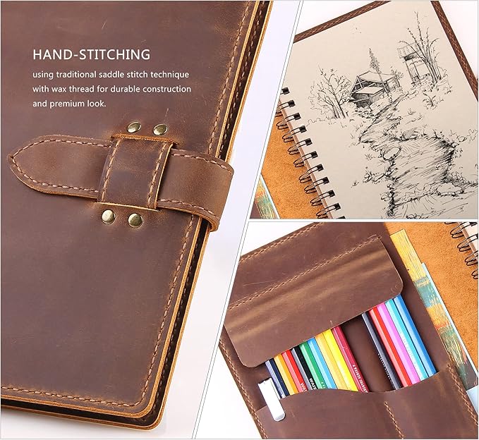 Robrasim Handmade Leather Sketchbook Cover, Leather Artist Sketch Pad Cover for 5.5" x 8.5" Sketchbook, Drawing Book and Pencil Case, Journal Notebook Portfolio, Artis Gifts-Brown