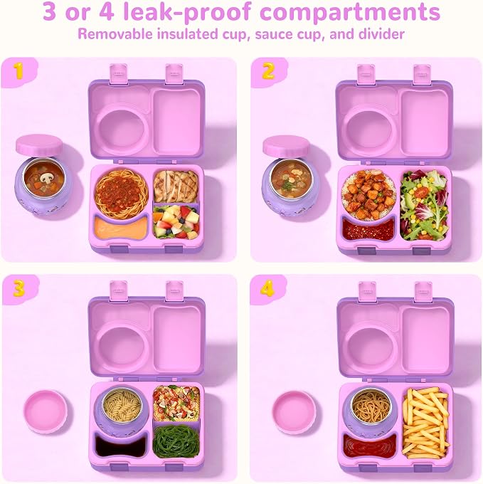 Kids Insulated Lunch Box with 8OZ Thermo Food Jar | Leakproof Bento Box with Ice Pack Sauce Cup Utensils Removable Tray & Dividers for School Daycare Travel, Butterflies