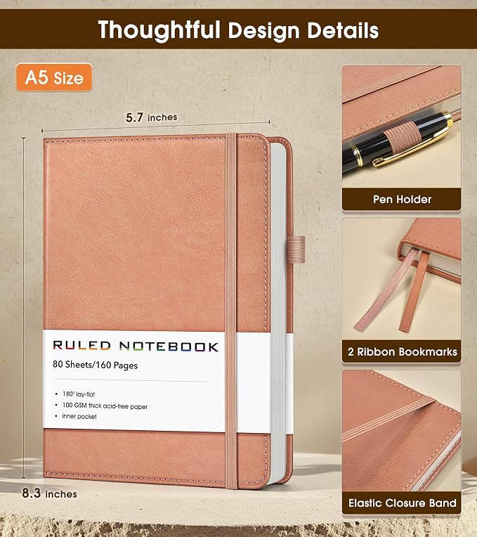 Lined Journal Notebook, A5 Hardcover Leather Journals for Writing, 160 Numbered Pages, 5.7'' x 8.3'' Journaling Notebooks for Men Women, Thick Paper College Ruled Journal for Work Office School, Pink
