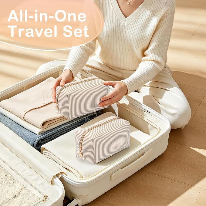 Makeup Bag Travel Toiletry Bag for Women, Small Cosmetic Bags Cute Stripe Beige Aesthetic Organizer Makeup Pouch for Purse Emergency Bag Pencil Case Accessory Bag