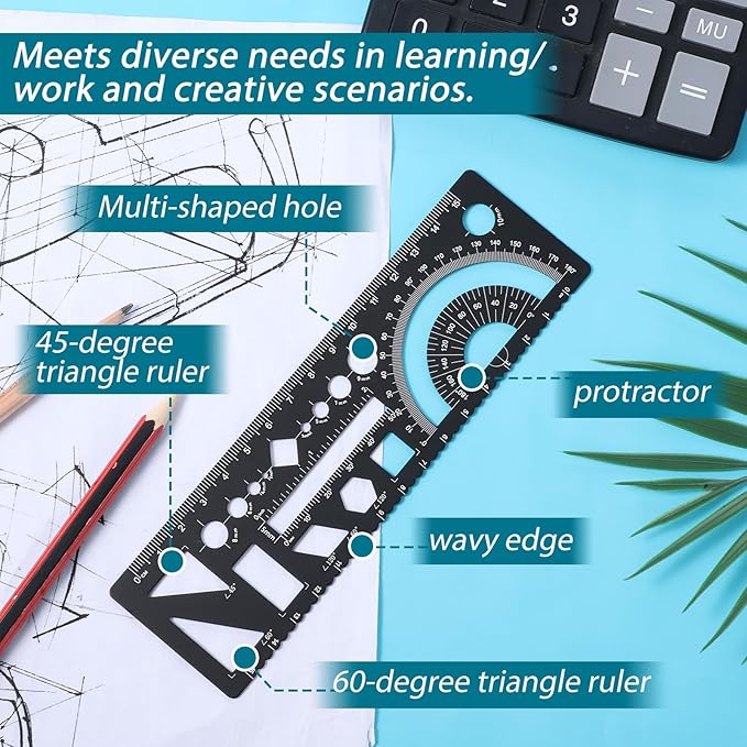 Multifunctional Geometric Rulers, Multifunctional Metal Protractor Metal Math Ruler Kit Protractor Circle Drawing Template Straight Edge Scale Triangle Digital for Teacher Learning Tool