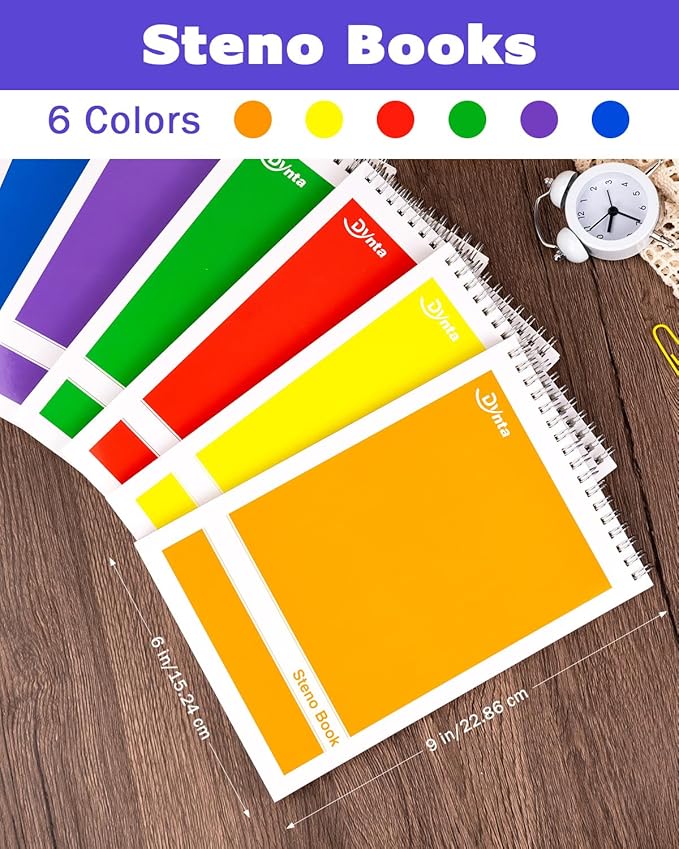 Dynta Steno Pads 6x9 Spiral Notebooks Bulk 18 Pack Note Pads 60 Sheets 6 Assorted Colors Gregg Rule Writing Paper, Steno Notebooks for Students Teachers Men Women Professionals