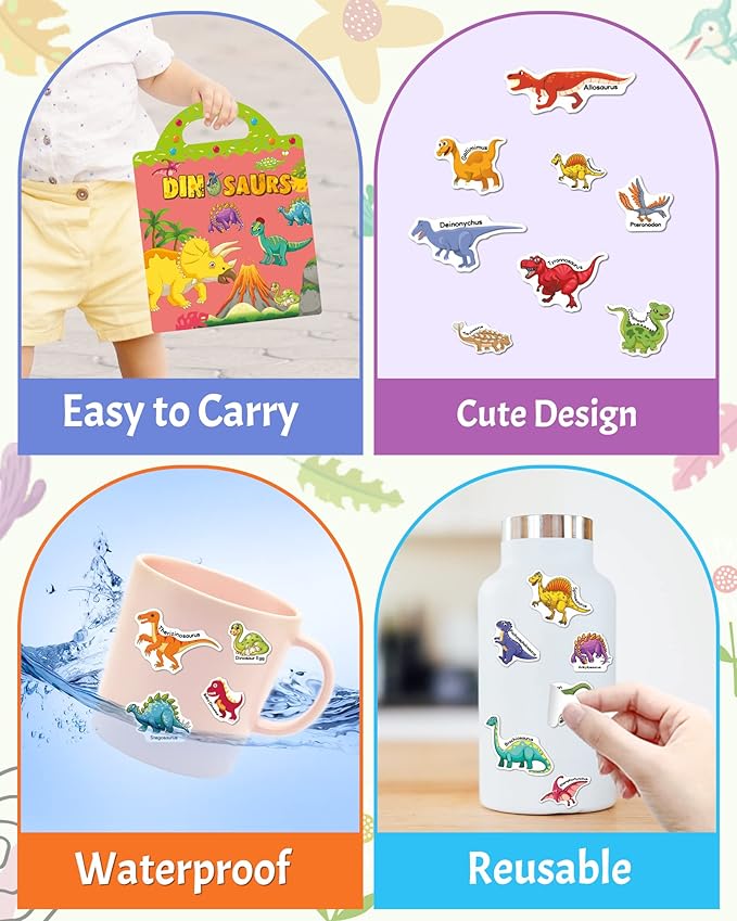 Benresive Reusable Sticker Book for Toddlers, Travel Stickers for Kids, Toddler Crafts Activities Toys, Birthday Gifts for Boys & Girls - Dinosaurs