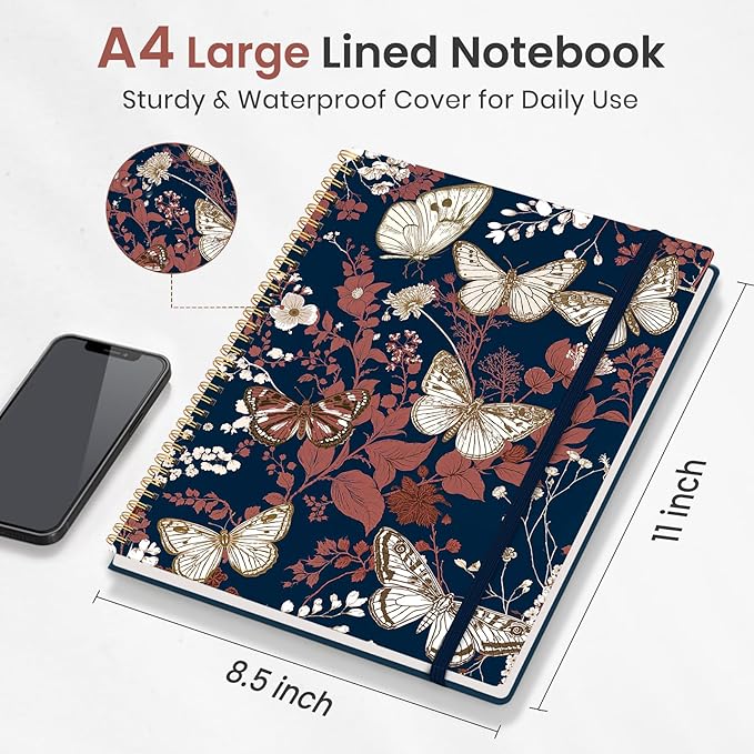 Taja Large Spiral Lined Journal for Women, 8.5" x 11" Notebooks for Work Collge Ruled, A4 Aesthetic Cute Journaling Notebooks for Writing, Plastic Cover, Golden Flutter