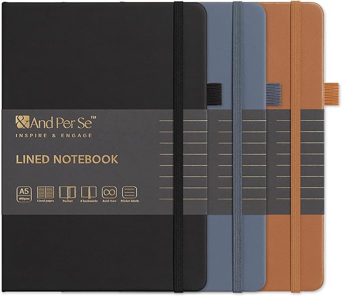 &And Per Se Lined Notebooks 3-Pack Gift Set, A5 Hardcover Journals, 160 Pages 100gsm Thick Paper, 3 Assorted Colors (Brown, Blue, Black) – Gift for Men