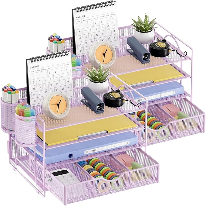 Marbrasse Desk Organizer and Accessories4-Tier Paper File Letter Tray Accessories & Workspace Desk Organizers with Drawer and 2 Pen Holders for School Home Office Supplies (Purple) 2Pack