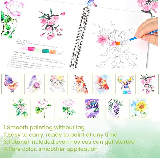 watercolor workbook - 13 Different Patterns of Original DIY Designs | water color book set| Watercolor Paint Set (including a 36-colors palette and brushes), suitable as an exploration gift for adults and teenagers (flowers & animals)