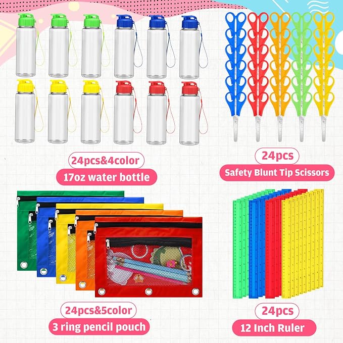 24 Sets Backpacks Bulk with School Supplies Include Sturdy Oxford Backpacks Water Bottles Pencil Pouches Scissors Rulers for Back to School Student Supplies Bulk Donation Gift Set(Classic)