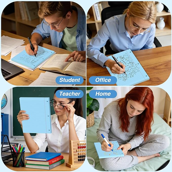 Blue Loose Leaf Paper 120 Sheets Colored Filler Pape 8" x 10.5" College Ruled Paper 3-Hole Punched Paper for 3-Ring Binders Notebook Lined 8 * 10.5 Binder Paper Blue Paper for School Office Supplies