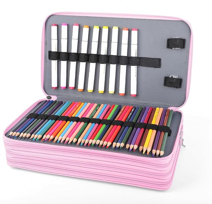 Vomgomfom 300 Slots Marker Bag, 4-Layer Zipper Portable Art Supply Organizer, PU Leather Large Capacity Marker Case Holds 100 Markers or 300 Colored Pencils with Handle (Pink Rose)