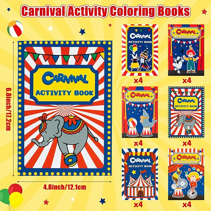 JAPBOR Carnival Activity Coloring Books - 24PCS Mini Circus Carnivals Activities Color Books Bulk for Kids Party Favors, Showman Themed Small Colouring Pages for Birthday Class Drawing Painting Game