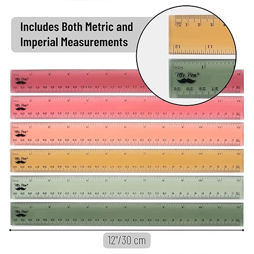 Mr. Pen- Ruler, 12 inch Ruler, 6 Pack, Vintage Colors, Clear Rulers 12 Inch, Rulers