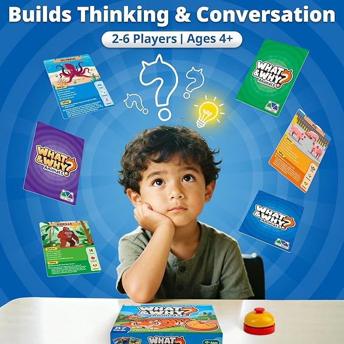 rokt&razo, What&Why? 87 Jumbo Cards with the Bell, Guess the Animal Card Game, Fun Educational Trivia Game for Kids & Family, 3 Difficulty Levels, Stocking Stuffer, for Home, School & Travel, Ages 4+