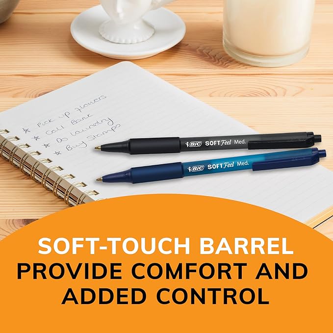 BIC Soft Feel Black Retractable Ballpoint Pens, Medium Point (1.0mm), 36-Count Pack, Black Pens With Soft-Touch Comfort Grip (Pack of 12)