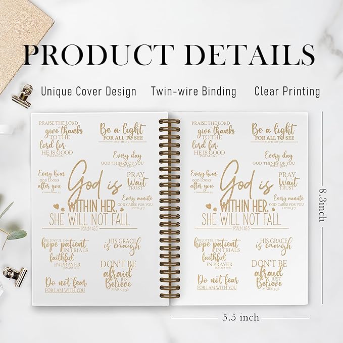 QLMX Gold Christian Gifts for Women Spiral Notebook, God Is Within Her She Will Not Fall Journal Notebook, Inspirational Religious Notebooks for School Work, Bible Verse Office Supplies Gifts, 5.5x8.3