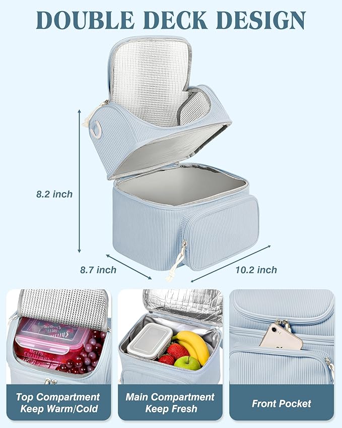 HowFly Lunch Bag for Women Insulated Lunch Boxes Corduroy Resuable Lunch Box for Girls Teens Kigs Boys Portable Thermal Cooler Bags for School Work, Blue