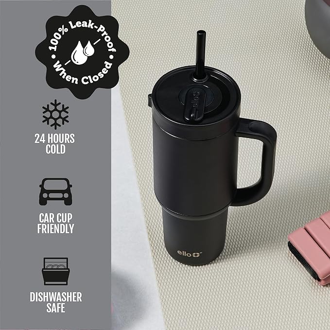 Ello Oasis 40oz Tumbler with Handle & Retracting Straw | Reusable Insulated Stainless Steel Cup 100% Leakproof | Gifts for Teens Women Men | Keeps Cold for 24 Hours | Cup Holder Friendly | Black
