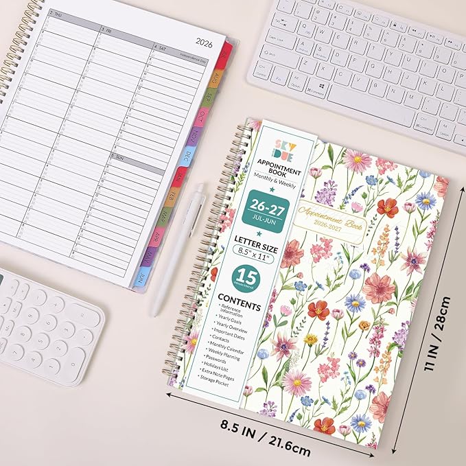 SKYDUE Appointment Book 2026-2027, Academic Hourly Planner from July 2026 - June 2027, 8.5" x 11" Weekly & Monthly Schedule Planner with 15-Minute Interval- Perfect for Daily Planning White Flower