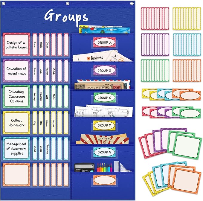 AKAYOK Small Group Pocket Chart with 84 Colorful Dry Erase Cards, Classroom Jobs Chart with 6 Pocket Wall Hanging File Folder, Pocket Chart for Classroom,Office,Home, Small Group Classroom Must Haves