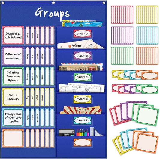 AKAYOK Small Group Pocket Chart with 84 Colorful Dry Erase Cards, Classroom Jobs Chart with 6 Pocket Wall Hanging File Folder, Pocket Chart for Classroom,Office,Home, Small Group Classroom Must Haves