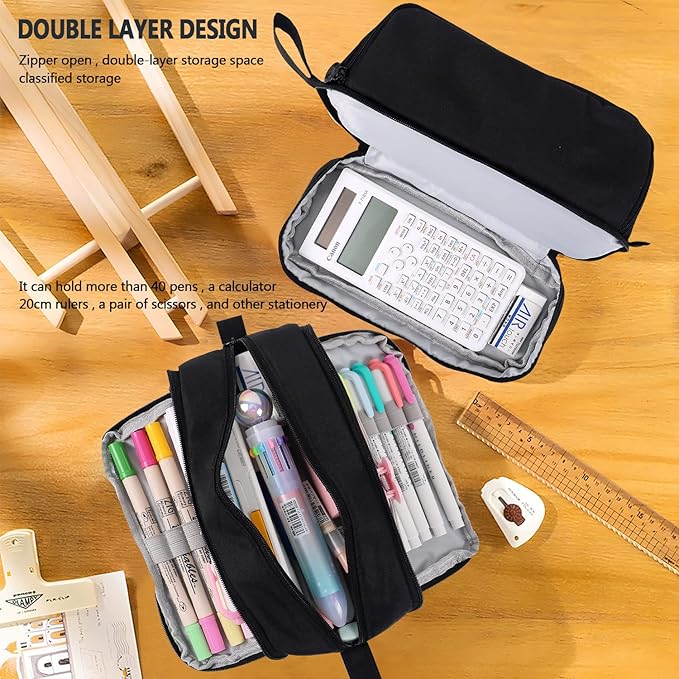 MAMUNU Large Capacity Pencil Case 4 Compartments, Pencil Pouch Bag with Zipper Portable Handle, Pen Case Bag Stationery Organizer for Office College School Adults Teen Girls Boys Men Women, Black