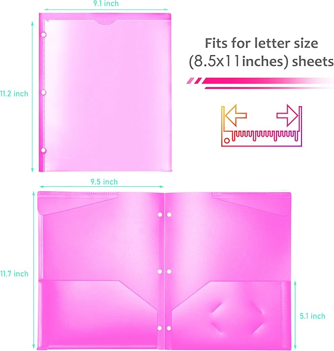 Heavy Duty Plastic Folders with Clear Front Pocket - 6PCS, 3 Pockets Folders with 3 Holes Fits 3 Ring Binder, Includes Card Slot, for Letter Size Sheets, Assorted Bright Colors