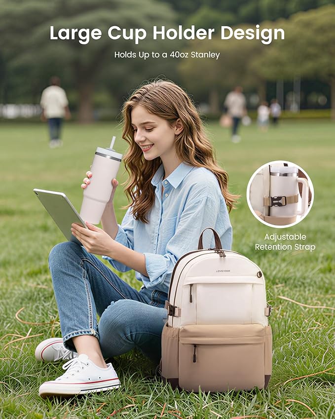LOVEVOOK Laptop Backpack for Women with Giant Tumbler Holder,15.6 Inch Laptop Computer Bag Travel Backpack Purse,Waterproof Work Business Backpack College Bookbag Teacher Bags,Beige-Khaki-Coffee