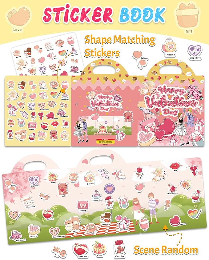 Benresive Reusable Sticker Book for Toddlers, Stickers for Kids, Travel Toys for Arts & Crafts Activities, Birthday Gift for Boys & Girls, Valentines Themes