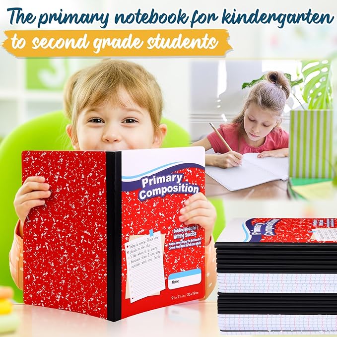 Watersay 60 Pack Primary Ruled Composition Notebook, Grade K-2 Journal 50 Sheets, 7-1/2" x 9-3/4" Primary Composition Book Writing Notebook for Kids Kindergarten Preschool 1st 2nd Grad (Red)