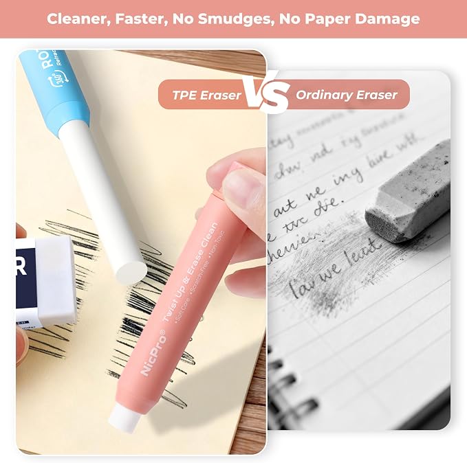 Nicpro 6 Pack Rotary Retractable Erasers, Soft TPE Twist Eraser-Rainbow