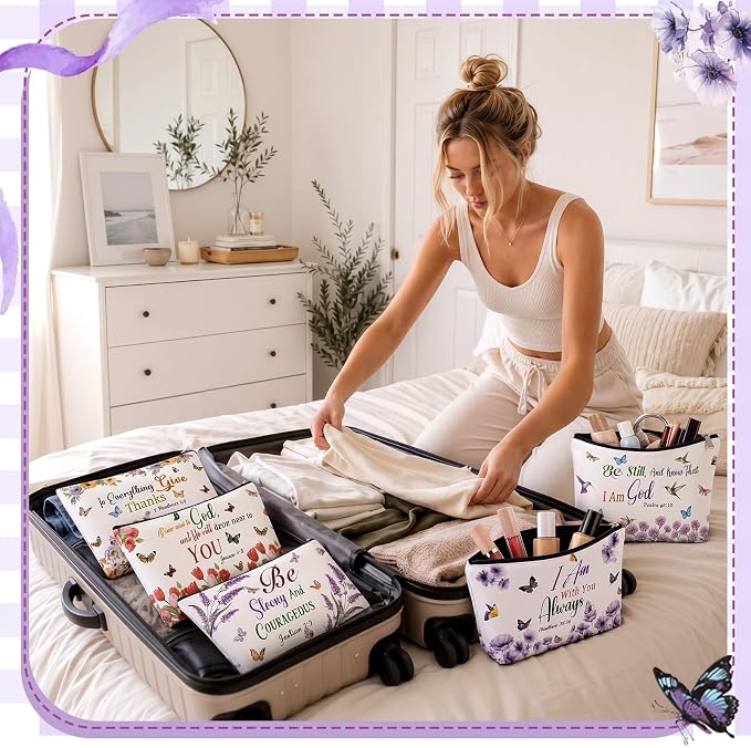 Reginary 12 Pcs Christian Makeup Bags Bulk, Inspirational Bible Verse Cosmetic Bags with Zipper, Floral Canvas Pouch, Christian Gifts for Women Teacher Nurse, Mother's Day Theme Travel Party Supplies