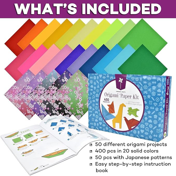 Pinwheel Crafts Origami Kit for Kids Ages 5-8,8-12 | 450 Sheets Origami Paper Kit w/ 50 Projects, 400 Solid Color Paper for Crafts, 50 Japanese Patterns & Guide Book | Christmas Gift for Boys & Girls