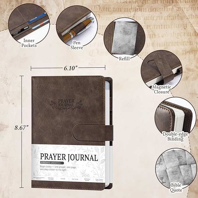 Ospelelf Brown Christian Daily Prayer Journal for Men, Faux Leather Gratitude Journal Planners, Undated 3 Month Bible Notebooks for Note Taking