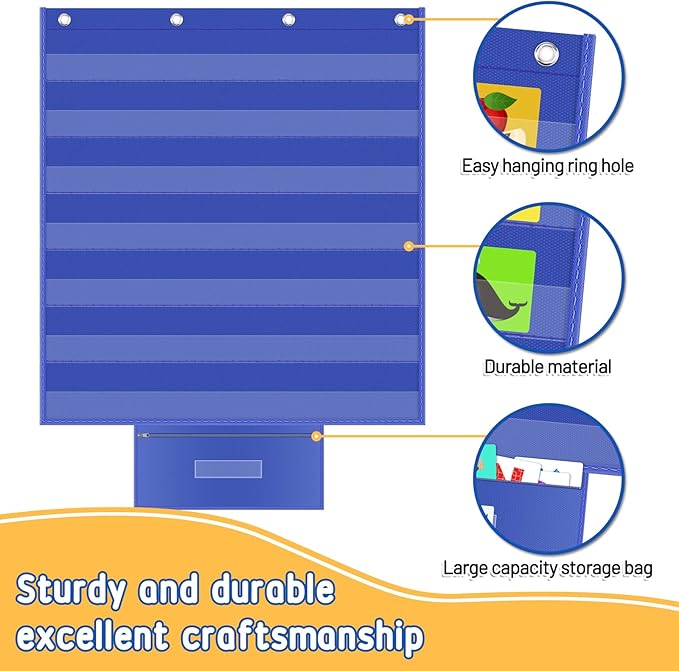 AKAYOK Standard Pocket Chart for Classroom, Clear 7 Pockets Words Chart with Extra Zip Pocket for School Home Office Fits Standard 3” Sentence Strips, Word Cards, Calendar, Visual Schedule (Blue)