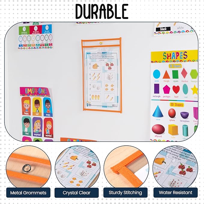 Essex Wares - 6 Pack, Orange, Dry Erase Pocket Document Protectors, 10" Wide x 13.5" Tall - Dry Erase Clear Plastic Sleeves - Reusable & Easy Erase Plastic Invoice Holders, Water-Resistant & Durable