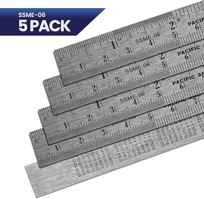 5 Pack | Pacific Arc, 6 Inch Stainless Steel Ruler with Inch/Metric Conversion Table.