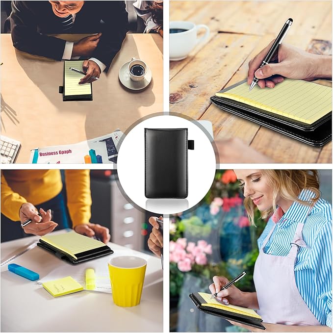 Outus 10 Pcs Mini Pocket Notepad Holder Set Included Small Leather Pocket Notebook Holder with 50 Lined Sheets, Metal Pen, 8 Pcs 3 x 5 Inch Memo Book Refills, 30 Lined Paper Per Note Pad(Black,Yellow)