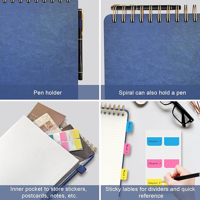 A5 Top Spiral Notebook, Large Leather Hardcover Top Bound Steno Pads, 240 Pages 100 gsm Thick Lined Paper Left Handed Notebook Journal for Work, School, Meeting Writing - Navy Blue, 5.9" x 8.5"