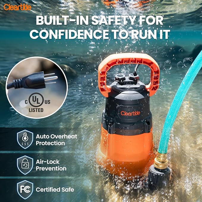 Submersible Utility Water Pump, 1/2 HP 3060 GPH Sump Pump, Portable Plug and Work for Pond, Garden Watering, Pool or Hot Tub Water Transfer