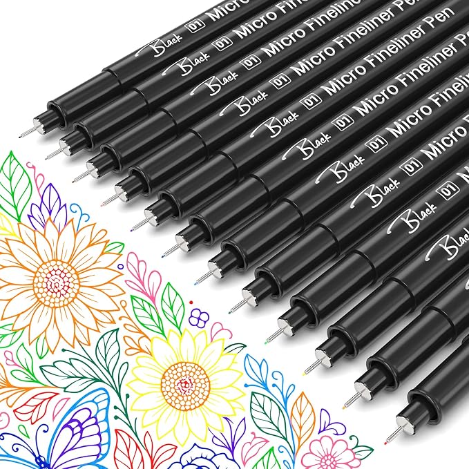 KERIFI 12 Colors Fineliner Pens, 0.25mm Extra Fine Point Micro Pens 01, Waterproof Archival Ink, No Bleed-Through for Bible Journaling, Planner, Sketching, Technical Drawing, Zentangle, Notes Taking