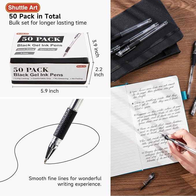 Shuttle Art Black Gel Pens, 50 Pack Fine Point Black Ink Pens Bulk, 0.5mm Rollerball Gel Ink Pens Smooth Writing with Comfortable Grip for Office, School and Home
